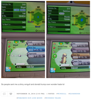 Illustration for article titled Pokemon Sun and Moon's Wonder Trade Is Full of Monsters Named Donald Trump